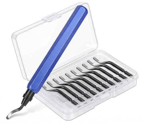 Herramienta de desbarbado manual, cuchillo de desbarbado con 10 cuchillas de repuesto, desbarbador manual para plástico y aluminio, mango de aluminio azul, kit de impresión 3D, azul