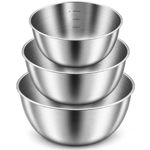 YANJINGSHE Mixing Bowl Set, 3 Pcs Stainless Steel Nesting Bowls, Rustproof | Stainless Steel Mixing Bowl Set, 3 Sizes, Flat Base & Hob Safe, Nesting, Rustproof, Easy Clean, for Baking & Salad – Silver