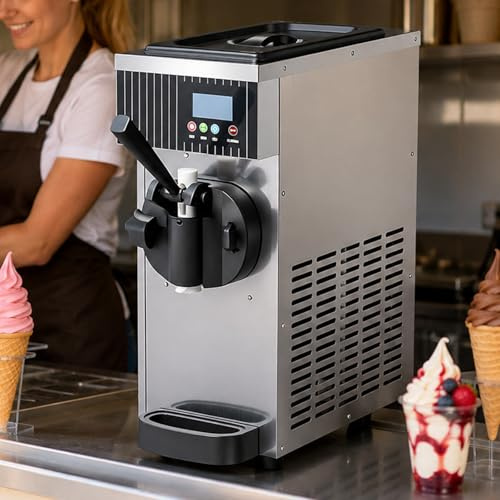 Máquina de Helado Soft de Sobremesa 450W, Máquina de Helados Comercial con Pantalla LCD, Dureza Ajustable, Limpieza Automática, Producción 4-5L/H para Cafetería, Snack Bar StainlessSteel