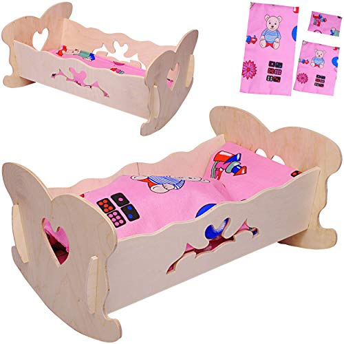 alles-meine.de GmbH Wiegenset: Puppenwiege aus Holz - 36 cm groß - mit Bettzeug - Herz - Bett Naturholz - Holzwiege - Puppen klein - Matratze Decke & Kopfkissen - Mädchen - Kinde..