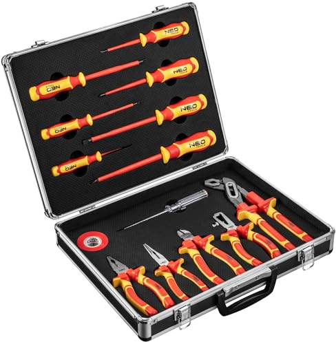 NEO TOOLS VDE Zangen- und Schraubendrehersatz 1000V, 13 Stück, CrV-Stahl | 7 Stück Schraubendreher S2-Stahl, Universalzange, Seitenzange, Verlängerte Zange, Isolierzange, Rohrzange