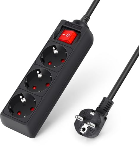 Aigostar Regleta de Enchufes con 3 Tomas,Regleta Alargador con Cable de 1,5 Metros e Interruptor,Negro