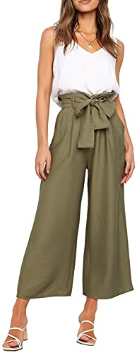 FANCYINN Damen 2 teiliges Crop Pants Set mit weitem Bein Wide Strap V-Ausschnitt Tank High Waist Cropped Paper Bag Hose mit Gürtel Olivgrün L
