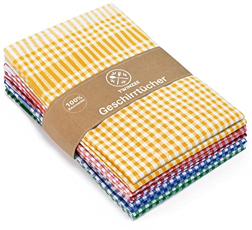 Twinzee - Set de 5 Textiles de Cocina a Cuadros - 100% Algodon - 47 x 67 cm - Diseño Retro - Paños de Cocina para secar la vajilla y Las Manos - Azul, Rojo, Verde, Naranja, Amarillo