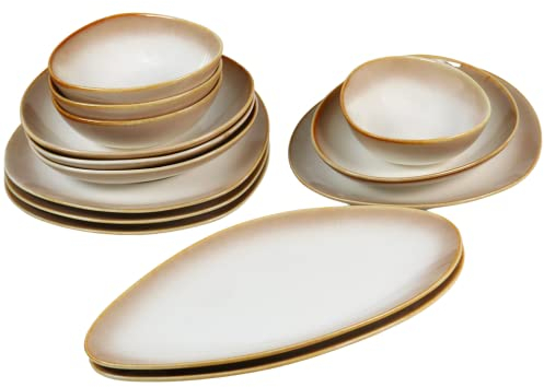 Kadum Lot de 14 assiettes en céramique - Service de table moderne avec vernis de couleur claire - 4 assiettes plates de 26 cm de diamètre - 4 bols à pâtes de 22 cm de diamètre - 4 bols de service de