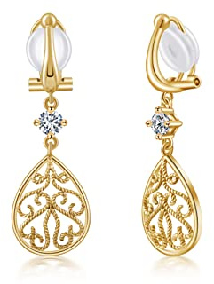 PHNIBIRD 18K Vergoldete Ohrclips Gold Damen Filigran Ohrhänger Lange 40mm | Hypoallergen, Leicht und Komfortabel, Schmerzfrei mit Silikonpads, Ohrringe ohne Ohrlöcher, Arabesken-Stil,Tägliches Tragen