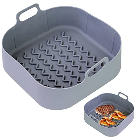 NSXIN Heißluftfritteuse Silikon Korb Zubehör Ersatz, Wiederverwendbarer Heißluftfritteuse Liner Airfryer Faltkorb Ersatzkorb für Backofen, Mikrowelle Kuchenbackform, Dampfgarer usw (Grau,Quadratisch)