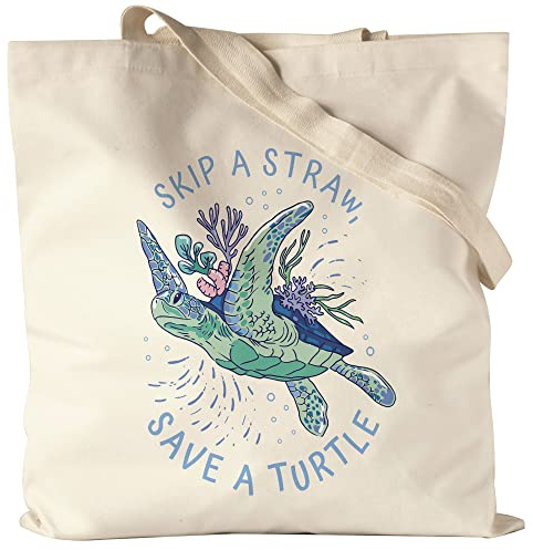 Hey!Print Skip A Straw Save A Turtle Jutebeutel Stoffbeutel Canvas Strohhalm Plastik Schildkröte Meere Ozean Natur Umwelt
