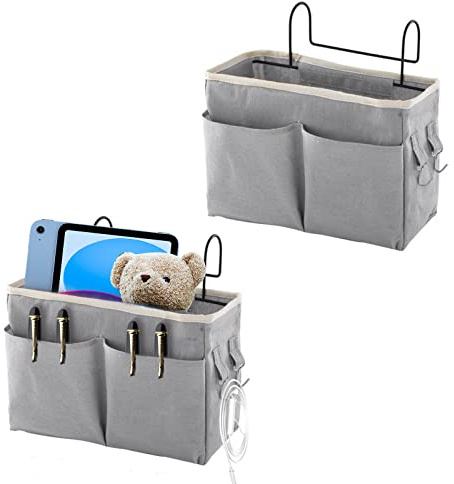 Ksvaye 2 Piezas Organizador de Cabecera, Bolsillos para Cama con Gancho para Hogar, Oficina, Escuela, Litera, Cuna - Bolsa de Almacenamiento (Gris)
