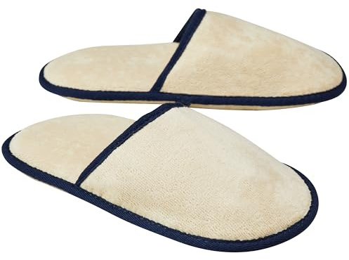 Sowel® Velour frottétofflor utan silikonnoppor, 100 % ekologisk bomull, hotelltofflor, kvinnor och män, en storlek, stängda, Sand Navy, Einheitsgröße