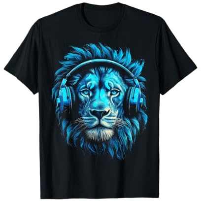 Lion Art Music Animal Casque Audio Motif Lion Bleu T-Shirt