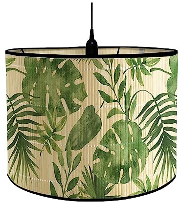 MagiDeal Drum Print Lamp Shade Wicker Lamp Shade Light Fixture Green Plant Pattern Rattan Lamp Shade for Hanging Light, Floor Lamps Living Room Cafe, A