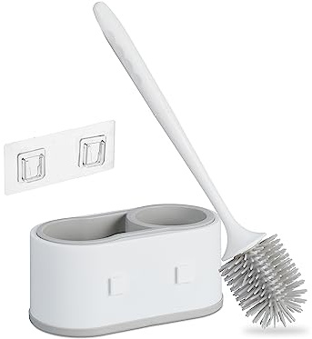 Relaxdays Escobilla Baño con Soporte Pared, Secado Rápido, Recipiente Escobillero, sin Taladrar, Plástico, Blanco y Gris
