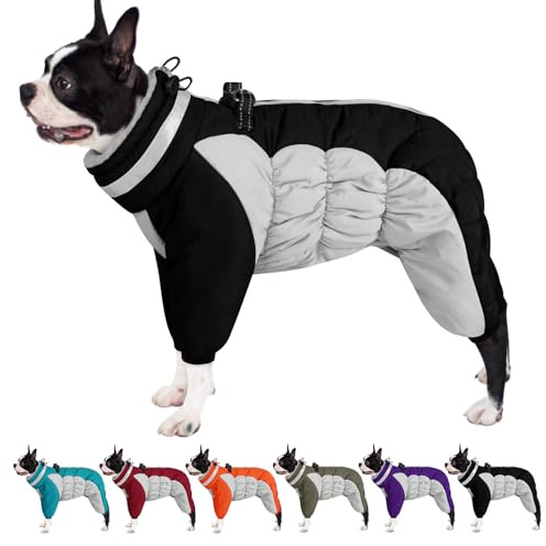 AOFITEE Winteroverall für Hunde - Wasserdichter Hundemantel für Mittelgroße Hunde mit Beinen, Winter Warmer Hundejacke mit Geschirr Gefütterter Hundeoverall, Wintermantel Hund für Boston Terrier, M