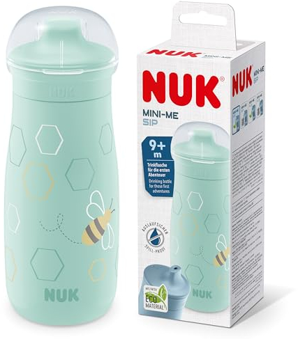 NUK Mini-Me Sip für Kleinkinder | ab 9 Monate | 300 ml | Kinderwasserflasche | auslaufsichere stabile Trinköffnung | bruchsicher | Minze/Biene