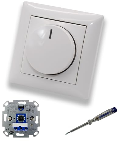 REV Ritter LED Drehdimmer LED-Dimmer mit Busch Jäger Dimmerscheibe Zentralplatte 2115-914 Einfachrahmen in Balance Si alpinweiß glänzend inklusive EBROM Phasenprüfer z. Montage des Dimmers ET1 66012B