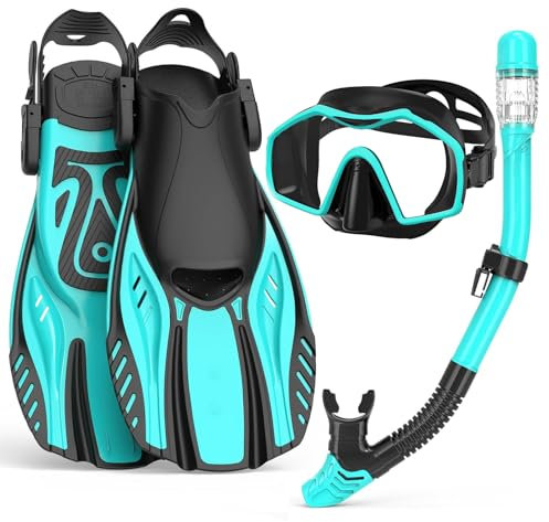 Snorkeling Gear for Adults,Mask Fins Snorkel Set,Panoramic View Diving Mask Anti-Fog,Dry Snorkel,Adjustable Swim Flippers and Travel Bag,Adults Snorkel Gear for Swimming Snorkeling Diving