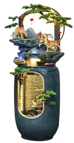 Fontaine Exterieur Fontaine d'intérieur cascade sur pied, for décoration de paysage de bureau à domicile, cadeau Fengshui avec atomiseur, lumière LED et fausse plante, design moderne for la décoration