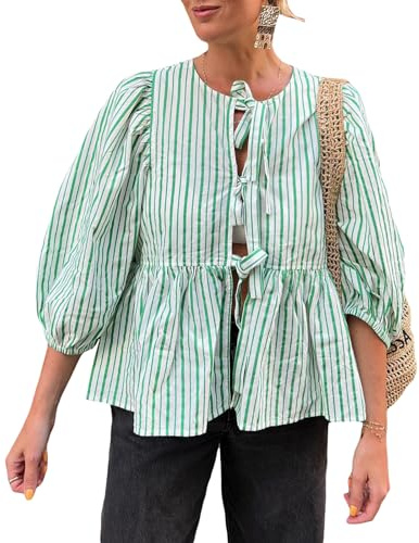Loalirando Blusa Y2K para mujer, manga 3/4, cuello redondo, lazo frontal con volantes, blusa peplum abierta para mujer, ropa de calle a la moda, verde, S