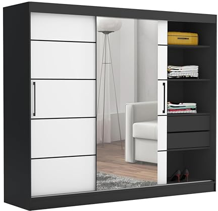 Brent - Kleiderschrank mit Spiegel und Schubladen 235cm Breit Chelsea Tomy, Schwebetürenschrank mit Spiegel, Schlafzimmerschrank, Kleiderschrank Schwarz/Weiß