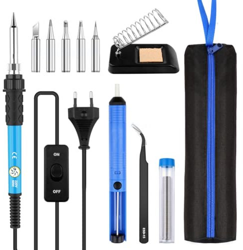 Lötkolben Set, 2-in-1 Lötset Schweißwerkzeuge Elektrisches Lötset mit Einstellbarer Temperatur, EIN/AUS-Schalter,5 Lötspitzen,Entlötpumpe, Löten Ständer, Pinzette für Elektronik Reparaturen