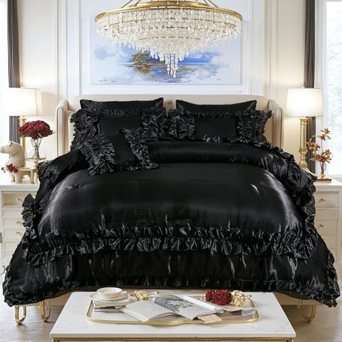 MOVE OVER Black Silky Comforter Set 8 Pieces Silk Like Satin Comforter Bed in a Bag Queen Size Soft and Silky Luxury Satin Bedding Set Vintage Ruffle Bedding Comforter Set for Bedroom Decor