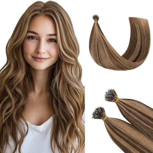Rich Choices Nanoring Extensions Echthaar Nano Extensions 40cm #4/27 Balayage Blond Unsichtbare Haarverlängerung Echthaar Remy Seidig Gerade Nano Ring Echthaar Extensions, 50 Strähnen/Packung