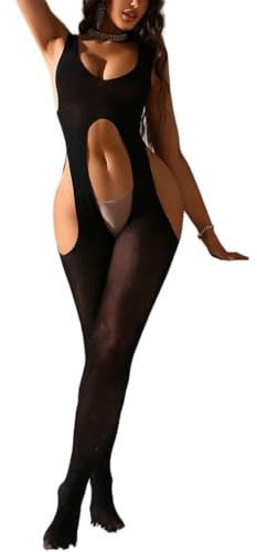 NewBull Women Sexy Bodystocking Suspenders Sheer Lingerie Garter Cutout Bodysuit Scoop Neck One Piece Jumpsuit Attached Stockings Fishnet Outfit Body-stocking Hollow-Out Tights Body Suits