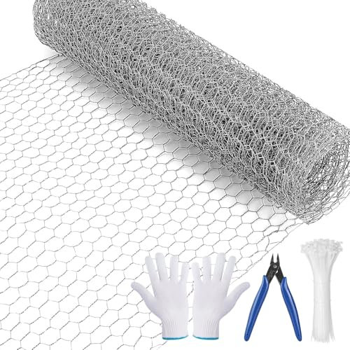 WenYa 40cm*10m Chicken Wire, Galvanized Hexagonal Mesh Roll with Cutting Tool, Heavy-Duty Fencing with Gloves and 100 Cable Ties for Rabbits, Chicken, Poultry, Gardens