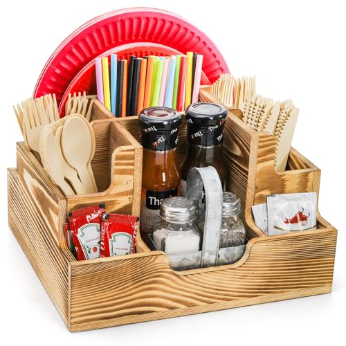 ZAVOOS Organizador de cubiertos para fiestas, soporte de utensilios de madera con 9 compartimentos para encimera de cocina, cubiertos de almacenamiento, organizador de platos de papel, servilleteros