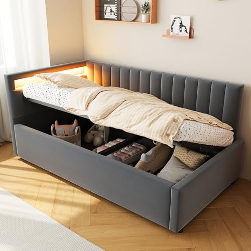 ZYLOYAL10 Polsterbett Schlafsofa, mit L-E-D-Beleuchtung und hydraulischem Stauraum, klassisches vertikales Streifendesign, seitliche Kopfteile mit austauschbaren Positionen (Grau, 90x200)