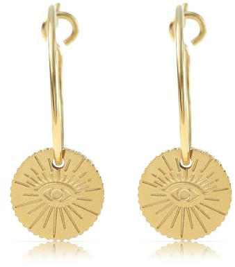 Made by Nami Edelstahl Ohrringe Gold hängend mit Sonnen Anhänger und türkisem Stein Boho Schmuck Damen Wasserfest