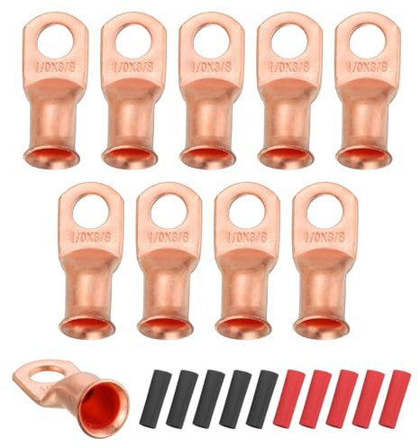 sourcing map 10pcs 1/0 AWG M10 Battery Lugs Ring Terminals, 3/8 10mm Stud Crimp Wire Terminal Connector End Copper, 3:1 Heat Shrink Tubing, Gold