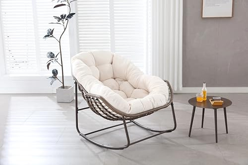 LARFOEK Mecedora para exteriores, de gran tamaño, de mimbre con forma de huevo, sillón relax con cojín acolchado, capacidad de carga 130 kg, color blanco