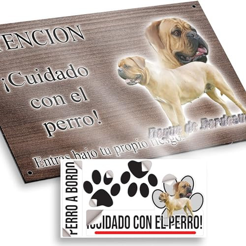 Dogo de Burdeos máscara negra Cartel Cuidado Perro Peligroso 20x12,5cm - Diseño Madera Marrón Dibond con Pegatina Coche 20x5cm
