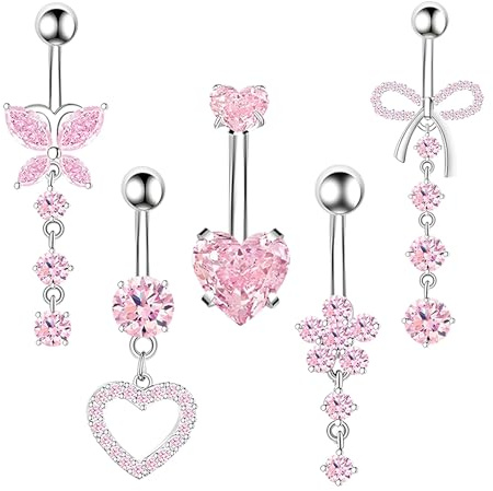YAWYO 5 Piercings para el Ombligo, Set de Piercing de Acero Inoxidable con Forma de Corazón y Lazo para Mujeres y Niñas (Rosa)