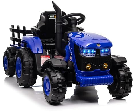 12V Tractor Eléctrico con Remolque Desmontable Coche Eléctrico, Motor Doble 35 W Control Remoto Música MP3 3 Velocidades 7 Luces LED y Bocina, Coche Eléctrico para Niños 3-6 Años