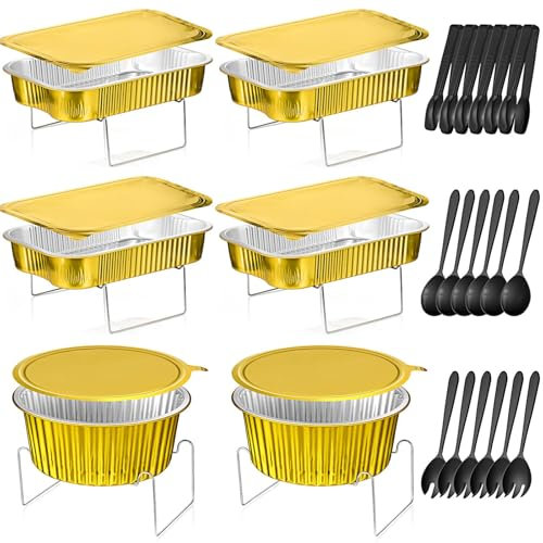 30 Pcs 6 Sets Disposable Chafing Dishes Buffet Server Food Warmer Chafing Dish Set for Party with Rectangle and Round Chafer Trays, Utensils, Buffet Stand for Parties Events