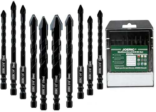 JOERIC 10pc 3/16”to 1/2”Eccentric Drill Bit Set, Masonry Drill Bit Sets Concrete Drill Bit for Tile,Glass,Brick,Plastic,Cement,Wood with Storage Case (Black).