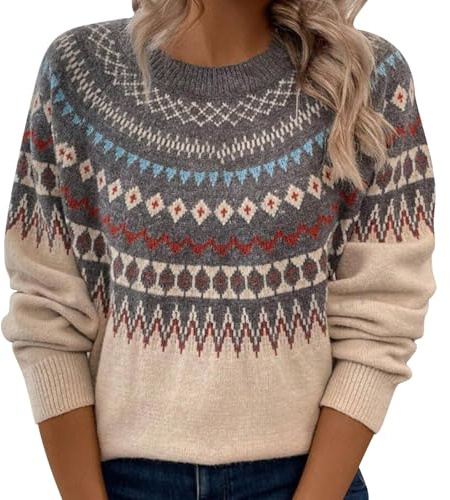 HUIFUAO - Suéter de Navidad para mujer, talla grande, suéter de punto noruego, nórdico, islandés, cálido, térmico, retro, gráfico, manga larga, sudaderas