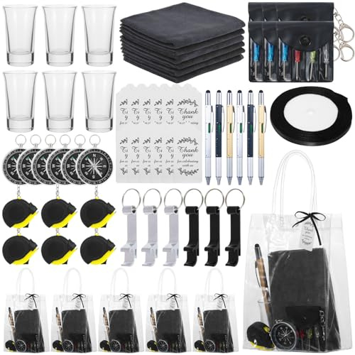 60Pcs Baby Shower Prizes for Men, 6 Set Party Gifts for Guests Prizes with Towel Screwdriver Compass Graduated Pen Bottle Opener Tape Measure Gift Bag, Baby Shower Game Prize for Winner Bachelor Party
