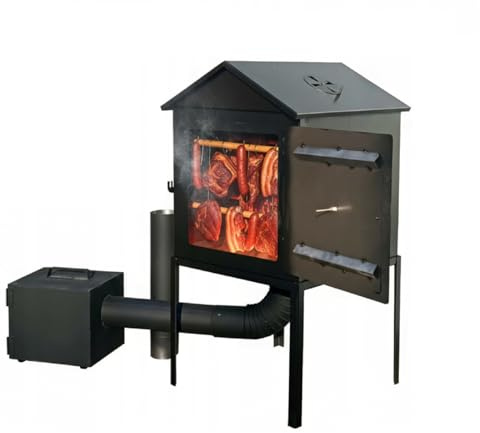 QLS Forno per affumicatura in metallo con braciere, 50 x 50 x 50 cm, con termometro, 6 ganci, deflettore, set di tubi, robusta struttura in lamiera d'acciaio, resistente al calore