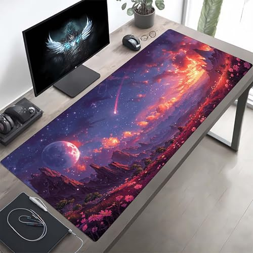 Gaming Mauspad 120 x 60cm Gaming Mousepad XXL Himmel Rosa Mauspad Schreibtischauflage, Genähte Kanten Mausmat, rutschfeste Gummibasis, Schreibtisch Schutz für Home Büro, Geschenke PjY7918 2-P
