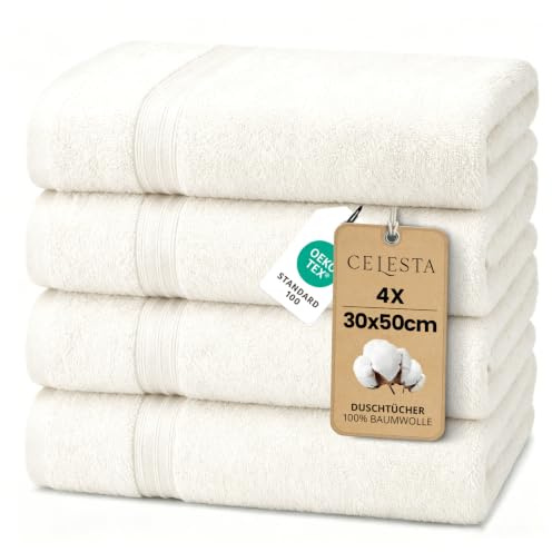 CELESTA Gästehandtücher 30x50 cm, 4er‑Set, 100% Baumwolle Frottee, Weiß | OEKO‑TEX zertifiziert, Frottee‑Handtücher aus Baumwolle, weich & saugstark, ideal für Gästezimmer, Waschbecken, Küche, Reise
