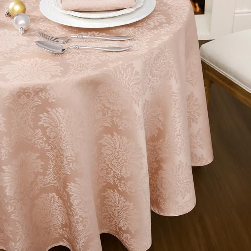 Romanstile Tischdecke rund 160 cm Altrosa Outdoor Abwaschbar Blumen Jacquard-Tischdecke Vintage Barock Wetterfest & Wasserabweisend für Frühling,Hotel,Ferien,Geschenke,Esstisch,Restaurant,Garten
