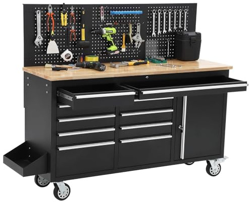 61-Inch Rolling Tool Chest with 10 Drawers & Power Strip, Solid Rubber Wood Top, 1675 LBS Load Heavy Duty Mobile Workstation, Locking System and Drawer Liners for Garage Warehouse Shop, Black