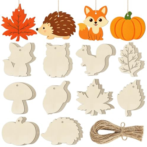 50 Stück Herbst Basteln,DIY Kinder Holzanhänger zum Bemalen 10 Stilen Bastelsets für Kinder mit Eichhörnchen Eule Igel Ahornblatt Herbst Anhänger Holz Dekoration Erntedankfest, Herbstdeko Geschenke