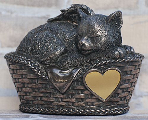 Mayer Chess Tierurne Katzen Urne Bronziert als Katzen-Engelfigur mit Gravurplatte, Kunststein Handbemalt, 0,8 Liter