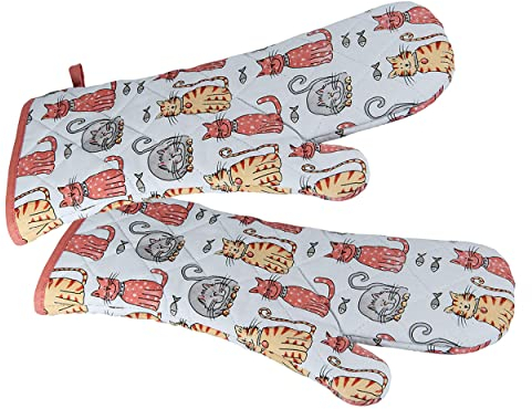 SPOTTED DOG GIFT COMPANY - 2 Set (Paar) Hitzebeständig Lange Ofenhandschuhe Hitzeresistente Topflappen Backhandschuhe aus Qualitäts Weiß Baumwolle mit Süß Katzen Tier Design für Katze Geschenk Ideen