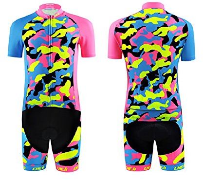 Cykelkläder, unisex, barnkläder, kortärmad tröja + vadderade shorts, barn, kamouflagerosa, 7–9 år